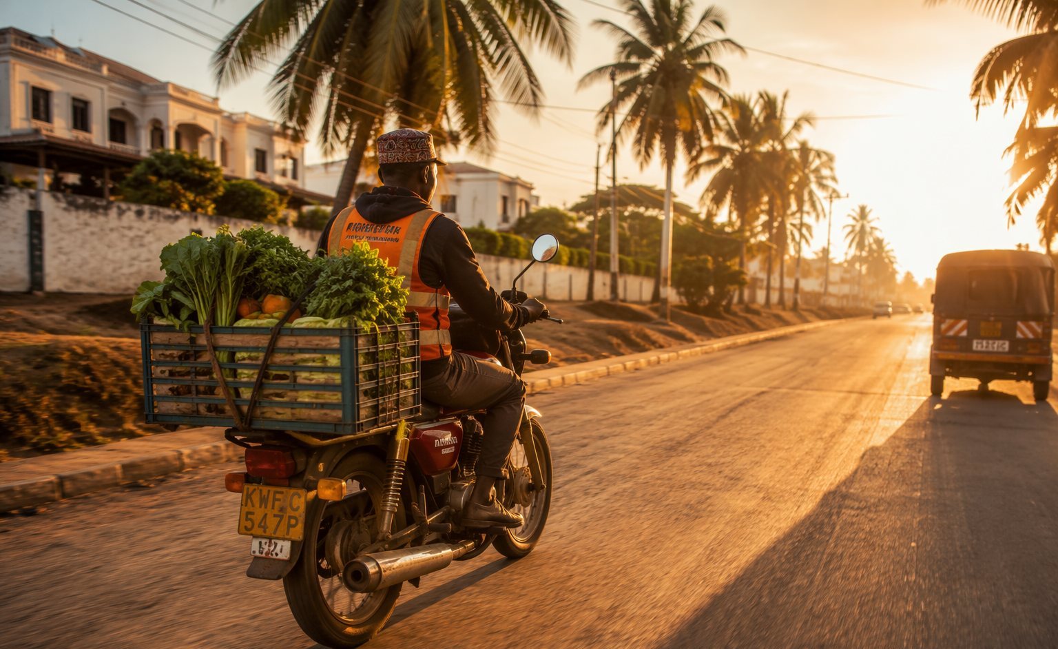 Rijal delivery rider carrying fresh produce at sunset