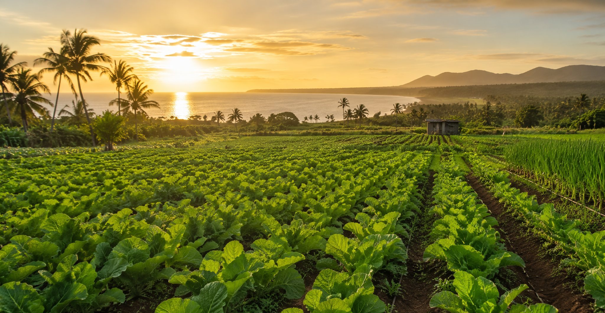 Lush coastal Kenyan farmland at golden hour