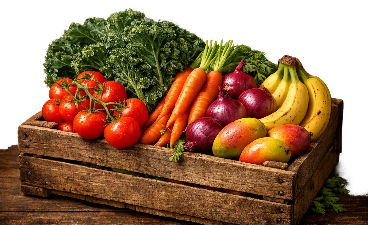 A wooden crate overflowing with fresh vegetables and fruits from Rijal Enterprises Kenya