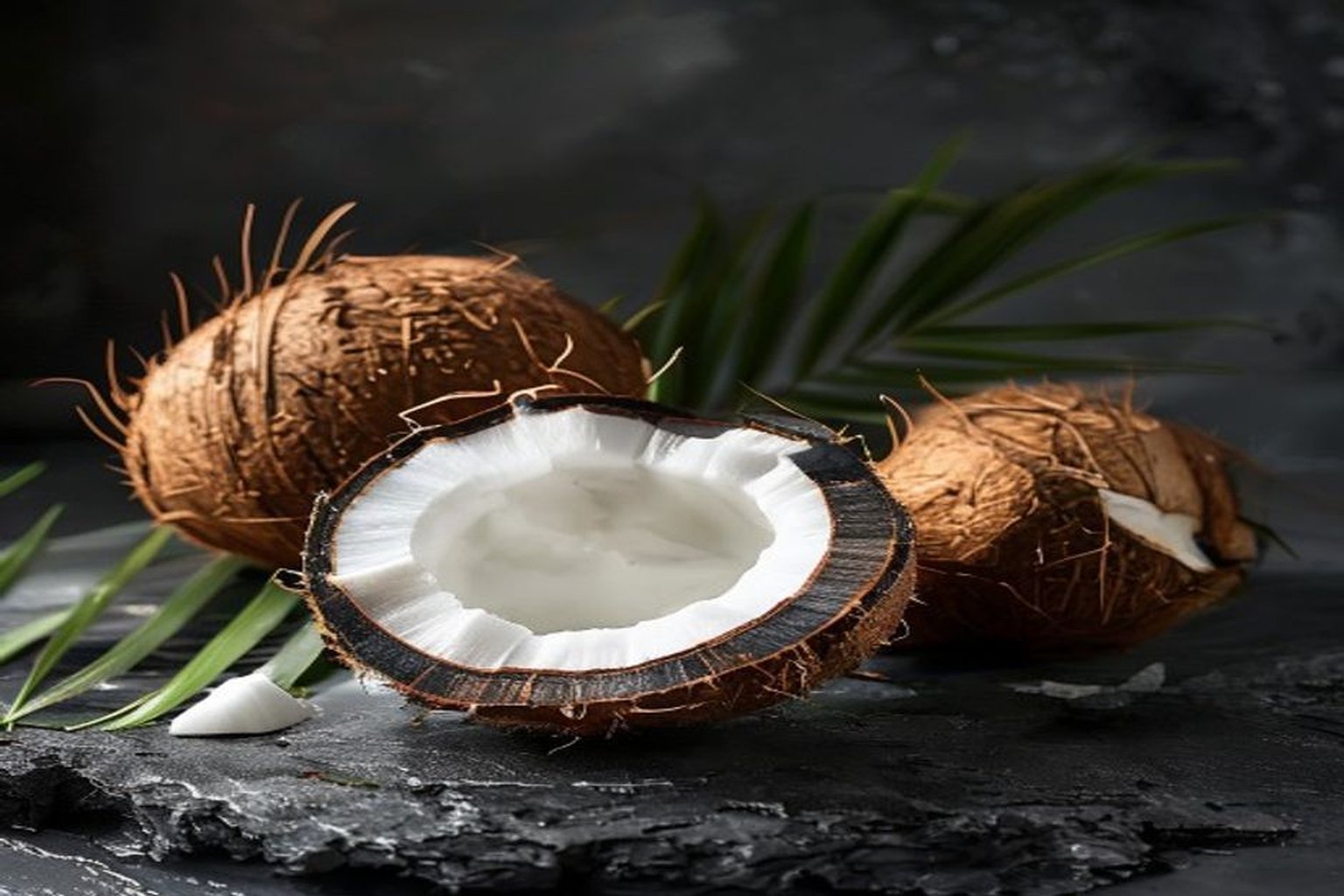 Whole and cracked fresh coconuts