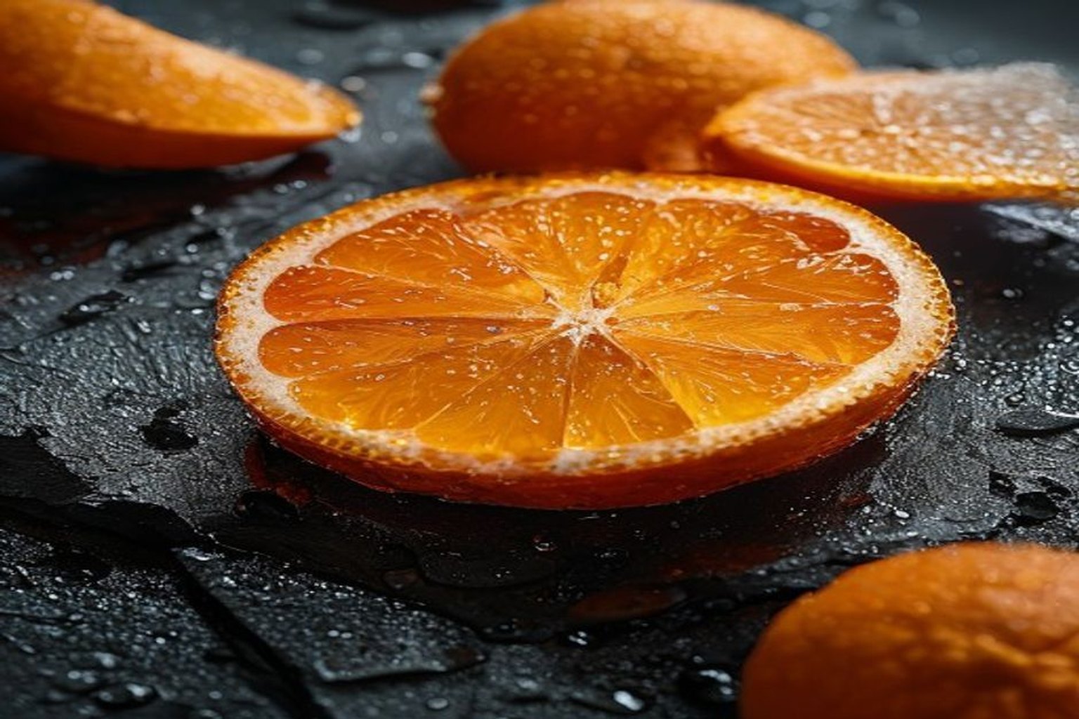 Fresh oranges, one sliced open
