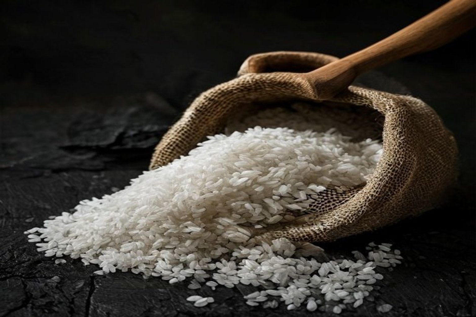 Sack of raw white rice grains