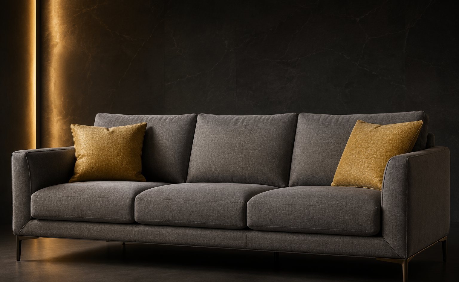 Modern three-seater sofa with gold cushions